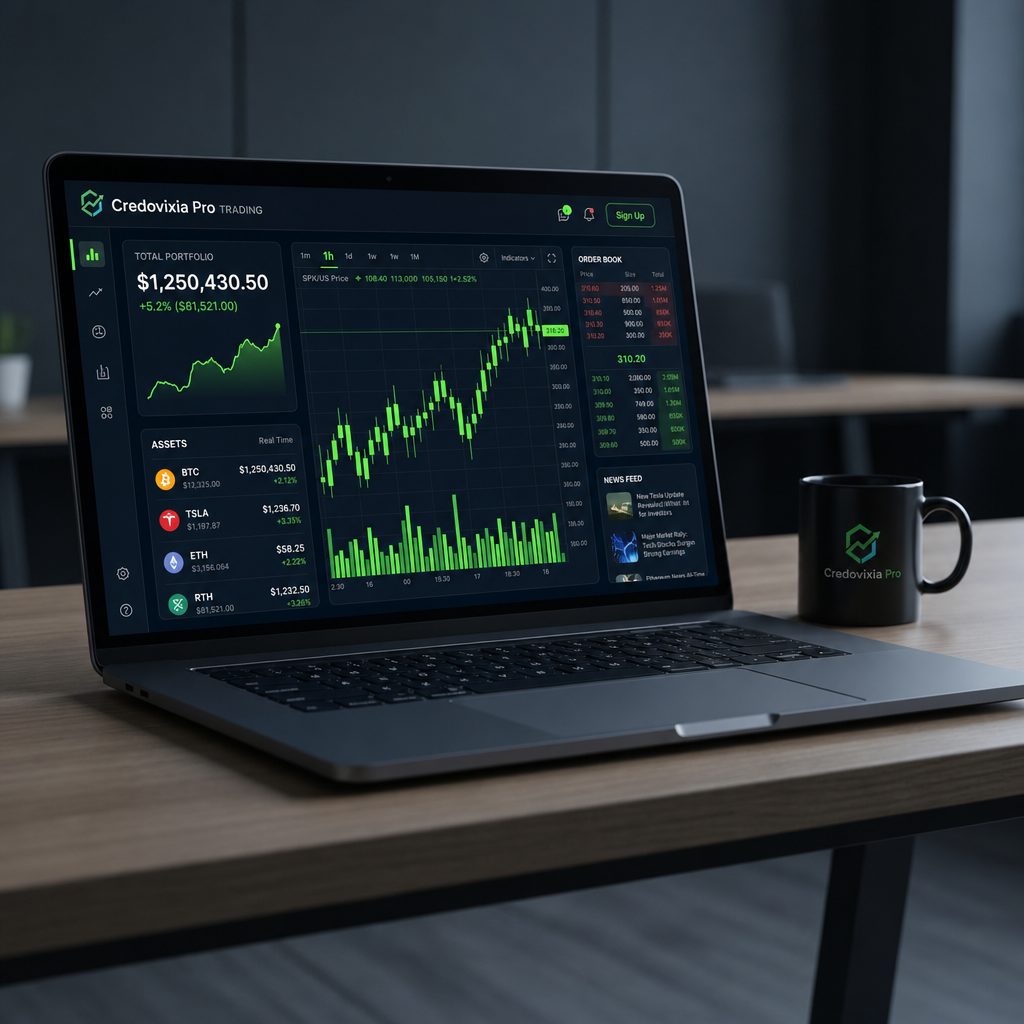 Tablero Credovixia Pro mostrando profundidad de mercado y portafolio multi-activo en notebook